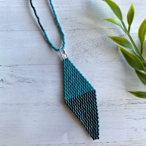 Turquoise Diamond Necklace Seed Bead Pendant Long Necklace Teal Beaded Jewelry Beadwork Aqua Layering Necklace Charm Necklace