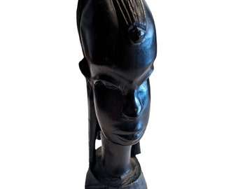 African Woman Tribal Head Vintage Statue Carved Wood Figurine Handmade