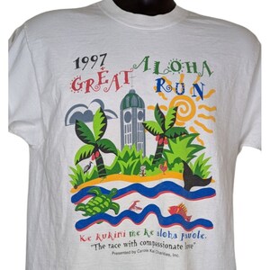 Great Aloha Run Vintage jaren 90 tshirt Finisher Hawaii Tropical maat M Made in USA