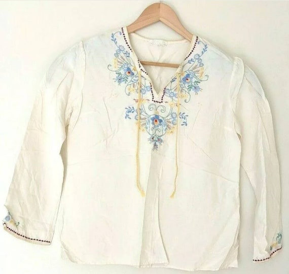 Silk Tunic Shirt Womens Medium Hand Embroidered Fl