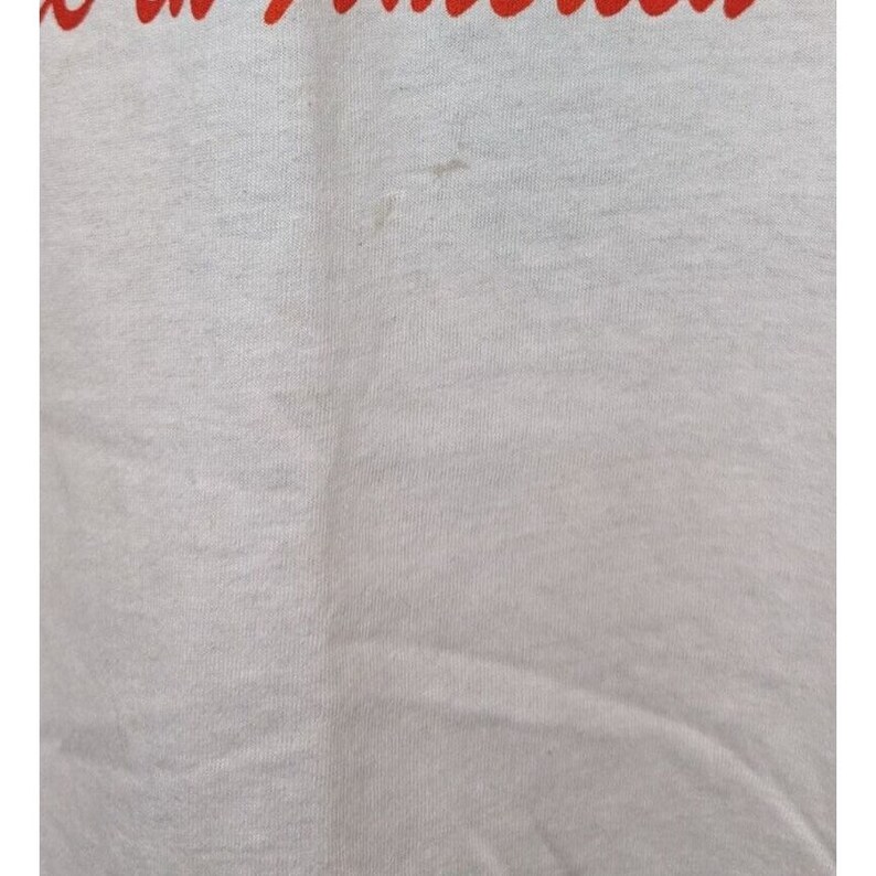 May include: White cotton t-shirt with a red stain.