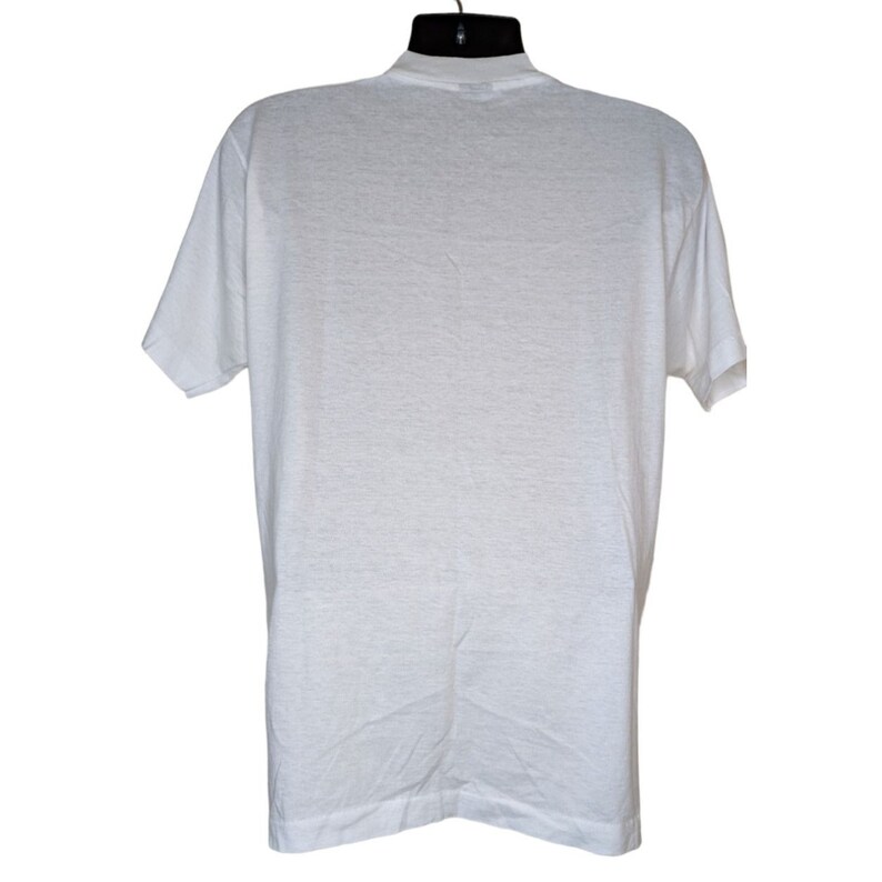 May include: A white t-shirt with a crew neck and short sleeves.