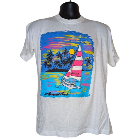 Aruba Sailing Vintage 80s Tshirt Neon Tropical Si… - image 2