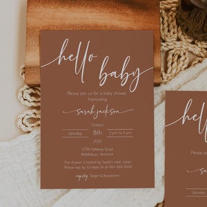 LUCY - Plantilla de invitación de baby shower de terracota, invitación de baby shower boho, invitación de hola bebé, baby shower de género neutro