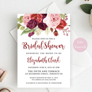 Bridal Shower Invitation, Blush Bridal Shower Invitation, Floral Bridal Shower Invitation Template, EDIT YOURSELF, Marsala Theme