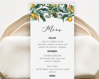 Citrus Wedding Menu Template, Dinner Menu Card, Wedding Menu Card, Editable Wedding Menu Card, Greenery Wedding Menu