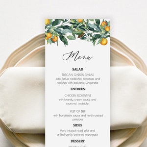 Citrus Wedding Menu Template, Dinner Menu Card, Wedding Menu Card, Editable Wedding Menu Card, Greenery Wedding Menu