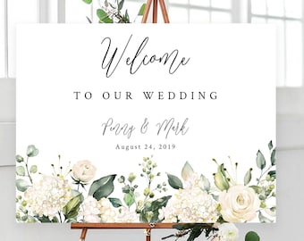 Wedding Welcome Sign Template with Greenery and White Floral, Welcome to Our Wedding Sign, Editable Wedding Welcome Sign, Sign Template