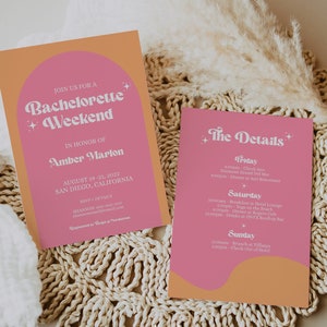 Retro Bachelorette Einladungsvorlage, 70er Jahre Bachelorette Reiseverlauf, Groovy Bachelorette Einladung, Festival Bachelorette Invite Editable