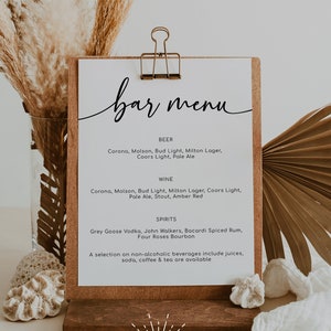 MILA - Wedding Bar Menu Sign, Printable Calligraphy Open Bar Menu Template, Modern Bar Sign, 8x10, Instant Download, Wedding Open Bar Sign