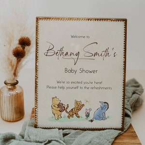 WINNIE - Winnie the Pooh Bear Classic Baby Shower Welcome Sign Template, Vintage Pooh Bear Welcome Poster, Printable Welcome Baby Shower