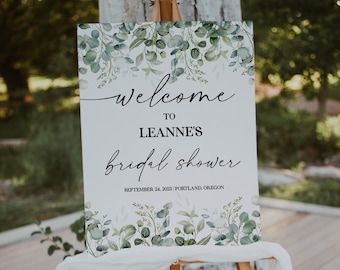 Bridal Shower Welcome Sign Template, Eucalyptus Bridal Shower Sign, Green Floral Bridal Shower Sign Template, Eucalyptus Wedding Sign