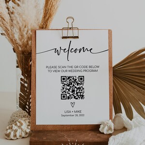 MILA -QR Code Wedding Program, Scannez le code QR pour l’ordre de service, Panneau minimaliste, Modèle modifiable, Téléchargement instantané, Programme de mariage Boho