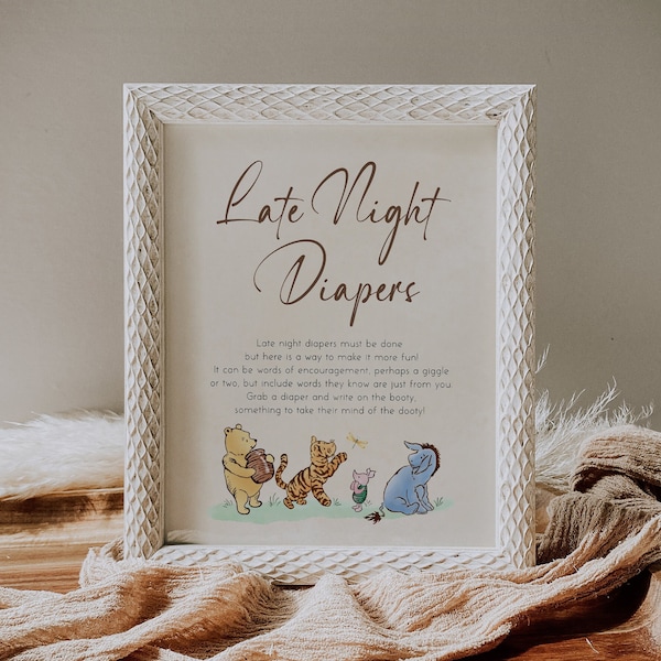 WINNIE - Late Night Diapers Template Sign, Classic Winnie the Pooh Baby Shower Sign, Winnie the Pooh Baby Shower Games Pooh Bear Shower Sign