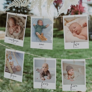 MILA - Eerste verjaardag fotobanner, 1e verjaardag fotobanner, moderne minimalistische maandelijkse mijlpaal fotokaarten voor verjaardag, genderneutraal