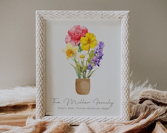 Digitale geboortebloem familie kunstprint, oma's moeder's tuinprint, aangepaste geboortemaand bloemenprint, gepersonaliseerd cadeau, Moederdagcadeau