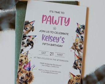 Dog Invitation Birthday Party Invites, Editable Puppy Pawty Invite, Boy Girl Birthday Invitation, Pawty Invitation, Dog Birthday Theme