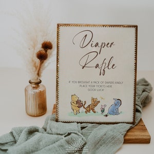 WINNIE - Plantilla de signo de baby shower de rifa de pañales, signo clásico de baby shower de Winnie the Pooh, signo de ducha de oso Pooh, imprimible 100% editable