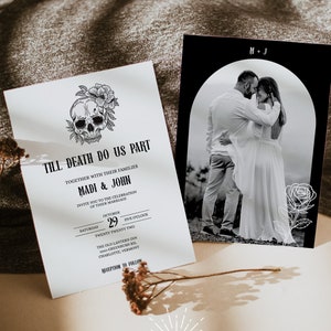 REMI - Bis der Tod uns scheidet Halloween-Hochzeitseinladung, Skelett-Hochzeitseinladung bearbeitbar, Vintage schwarze Hochzeitseinladungsvorlage
