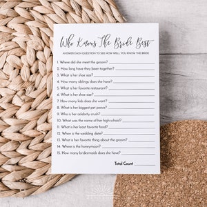 Who Knows the Bride Best Game, How Well Do You Know the Bride Card, Printable Bridal Shower Game, Modern Bridal Shower Game Template