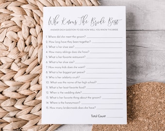 Who Knows the Bride Best Game, How Well Do You Know the Bride Card, Printable Bridal Shower Game, Modern Bridal Shower Game Template