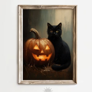 Halloween Wall Art Printable, Black Cat Wall Art, Vintage Halloween Print, Rustic Halloween Art, Black Cat and Pumpkin Vintage Print - WA-10