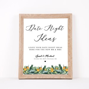 Greenery Date Night Cards, Date Night Ideas Signs Printable, Date Night Idea Card, Wedding Date Night Jar, Greenery Bridal Shower Date Sign