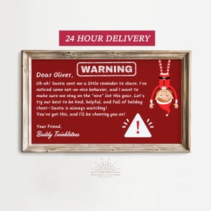 Marco de letras de advertencia de elfo para televisión, arte de elfo "He vuelto", actividad de elfo personalizada, carta de advertencia de Papá Noel, arte de elfo navideño, decoración festiva para niños