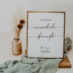TARA - Cornhole Guest Book Sign Printable, Modern Minimalist Wedding Guestbook Sign, Sign Our Cornhole Board Sign, Boho Guestbook Signs