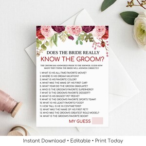 Does the Bride Really Know The Groom, Bridal Shower Game, Printable Rustic Games, Bridal Shower Games, Party Games, Instant Download