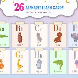 Cartes alphabet imprimables - 26 cartes numériques colorées pour enfants d'âge préscolaire, téléchargement PDF instantané