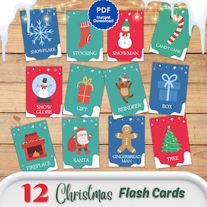 Flashcards festivos de Natal para crianças em idade pré-escolar - 12 cartões 5x7 para impressão para aprendizado durante as férias
