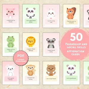 Bevestigingskaarten vriendschap en sociale vaardigheden voor kinderen, pakket van 50 kaarten, afdrukbare 5 x 7, instant pdf-download