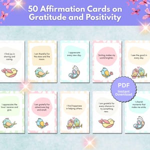 Tarjetas de Afirmaciones de Gratitud y Positividad para Niños, Paquete de 50, Imprimibles (5x7), Descarga Instantánea en PDF