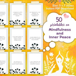 Mindfulness & Inner Peace Affirmation Cards, 50-Card Pack, Printable 5x7, Instant PDF Download