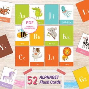 Flashcards do alfabeto para imprimir para crianças em idade pré-escolar - 52 cartões digitais coloridos para uma aprendizagem divertida na primeira infância
