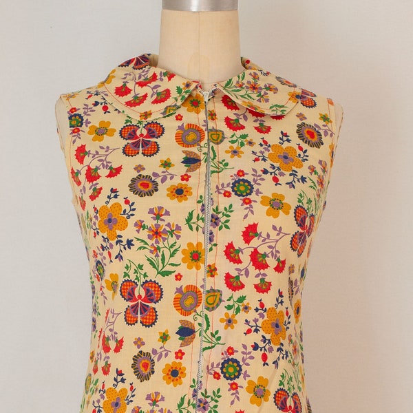 vintage 1960s floral cotton shift mini dress | zipper front | peter pan collar | extra small xs, small