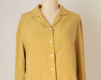 vintage 1990s does 1940s yellow mustard silk blouse | mother of pearl buttons | jones new york country | large