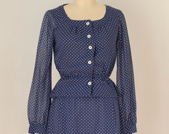 vintage 1960s blue polka dot blouse and skirt set | cotton | extra small xs