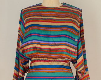 vintage 1980s striped silk blouse | side buttons | dolman sleeve | small, medium