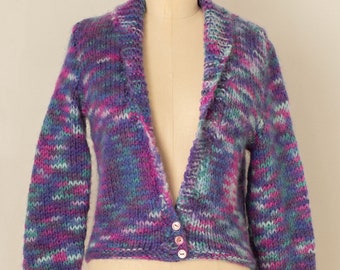 vintage 1970s 1980s purple hand knit space dye cardigan | cropped | pink blue | small