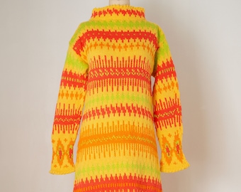 vintage 1970s hand knit wool sweater dress | maxi, turtleneck