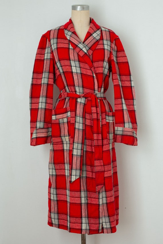 vintage 1940s 1950s red plaid robe | wool cotton |