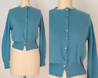 vintage 1950s blue cashmere cardigan | cropped pinup | small, medium