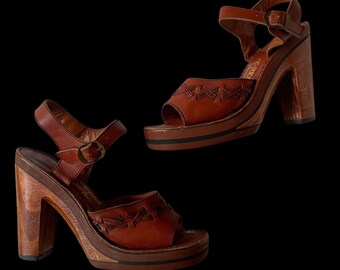 vintage 1970s leather and wood platform sandals | brazil | 6.5, 7