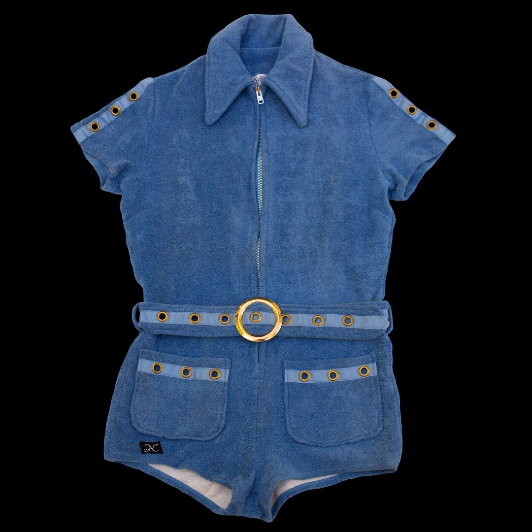 Vintage 1960s Terry Cloth Romper With Grommet Belt Blue Small - Etsy