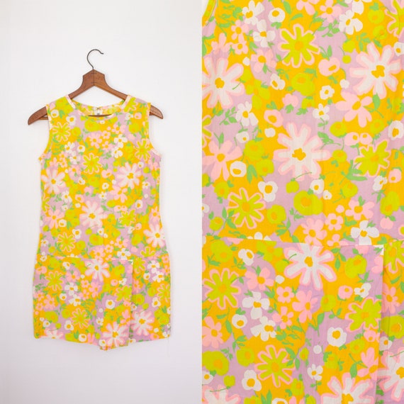 vintage 1960s flower print romper | day glo | cot… - image 1