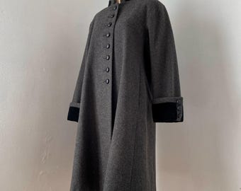 Abrigo de princesa de lana gris vintage de los años 80, estilo militar de los años 40, terciopelo negro, talla pequeña.