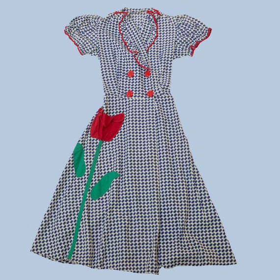 vintage 1930s wrap dress floral pocket applique |… - image 1