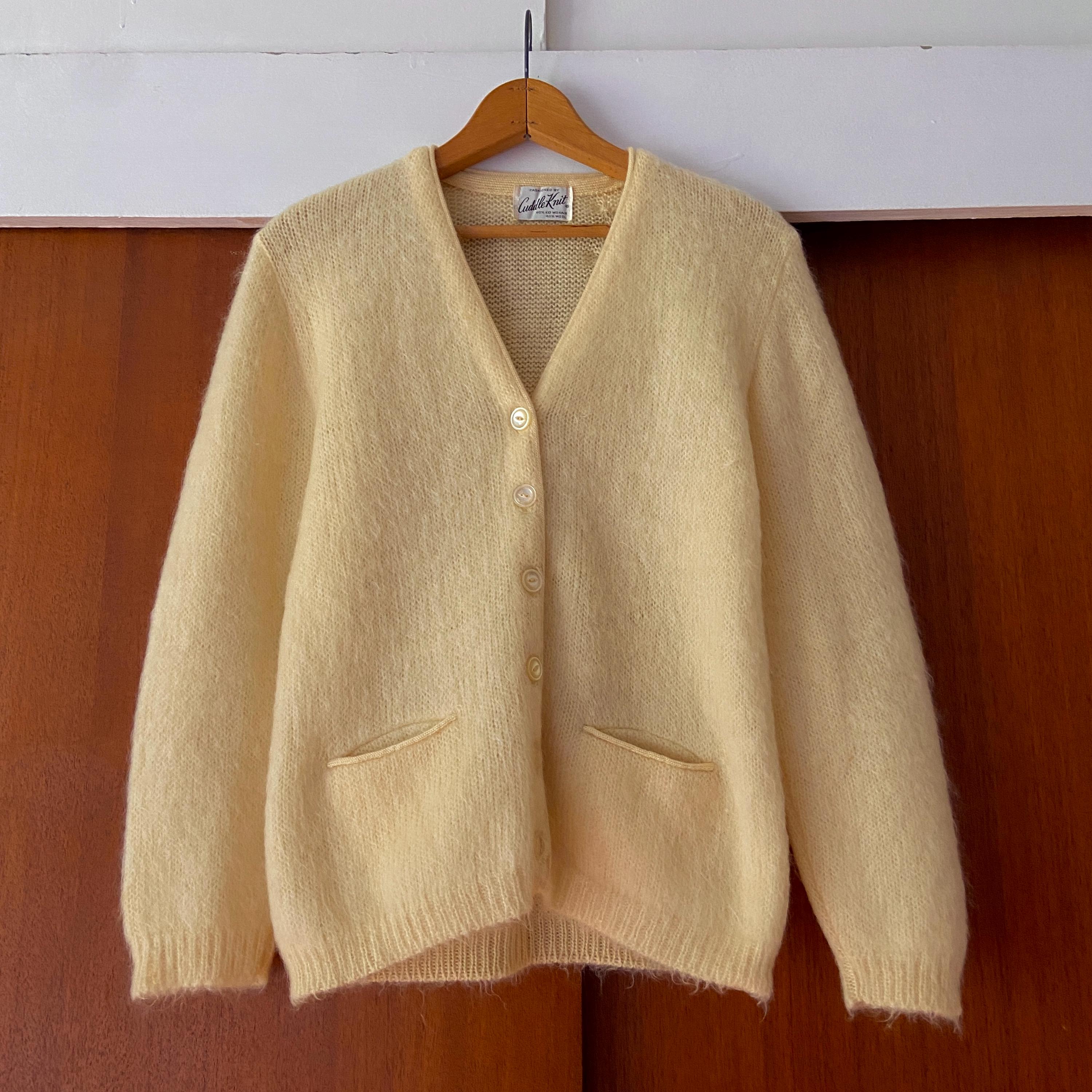 Vintage 1960s Yellow Mohair Cardigan Fuzzy Grunge Cobain Men Small